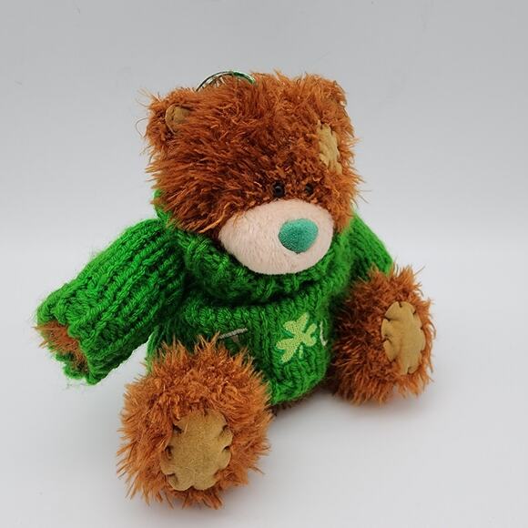 Vtg Irish Softies Patchwork Teddy Bear Plush Ornament 6" Green Shamrock Sweater - Picture 2 of 10